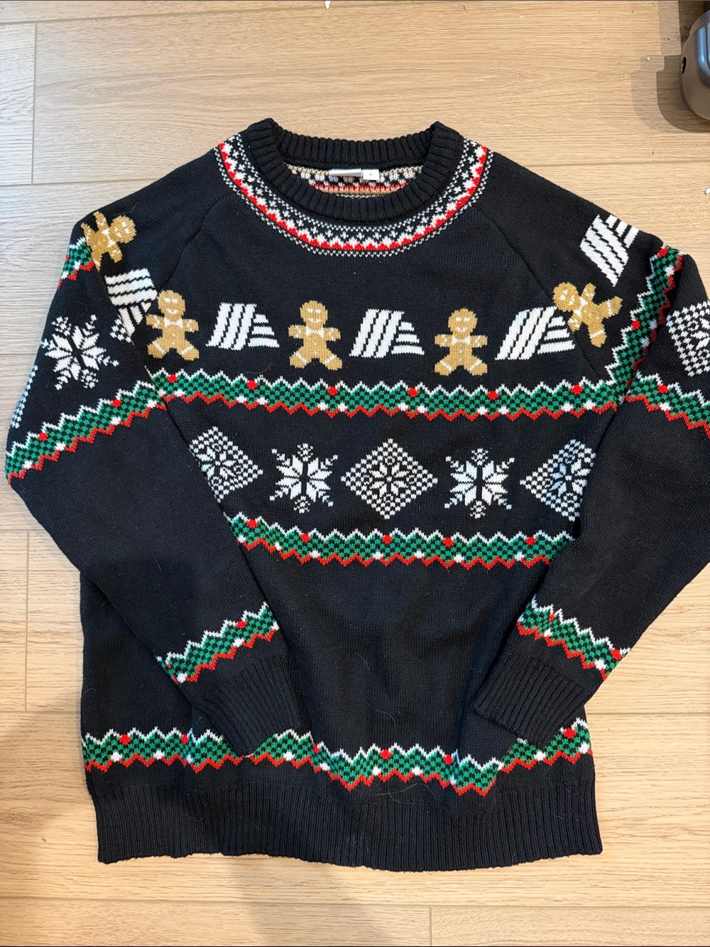 Men's Crewneck Holiday Sweater in Black with Gingerbread Motif